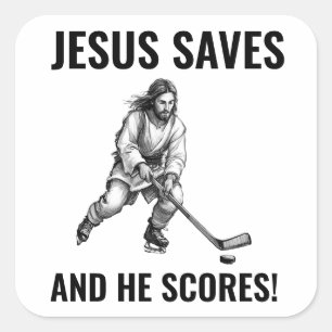 Sticker Carré Jésus Sauve et Il Marque - Jésus Mème de Hockey
