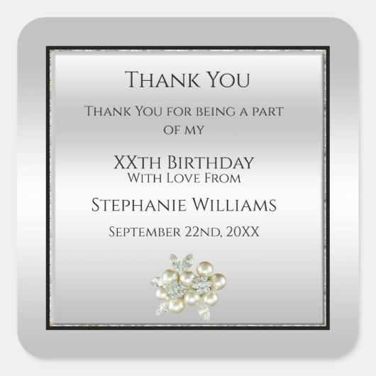 Sticker Carré Jeu floral romantique, argent et noir Anniversaire (Devant)