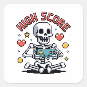 Sticker Carré Jeu vidéo de squelette pixel Halloween