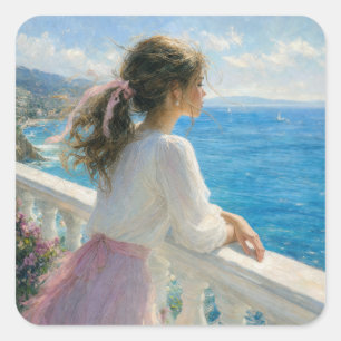 Sticker Carré Jeune Femme sur un Balcon Océanique Impressionnism