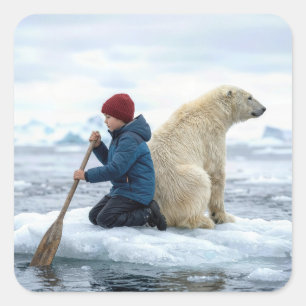 Sticker Carré Jeune garçon sur la glace sauvant un ours polaire