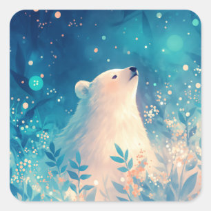 Sticker Carré Jeune ours polaire contemplant le ciel nocturne ma