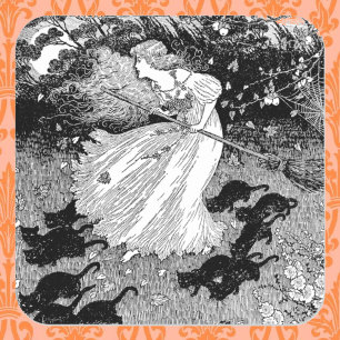 Sticker Carré Jeune sorcière et chats noirs