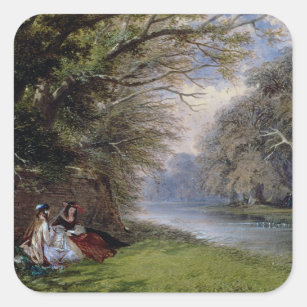 Sticker Carré Jeunes dames par une rivière