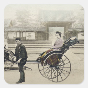 Sticker Carré "Jinrikisha" devant un temple, c.1880 (main Co