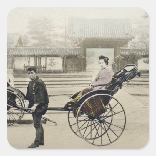 Sticker Carré 'Jinrikisha' devant un temple, vers 1880 (main co (Devant)