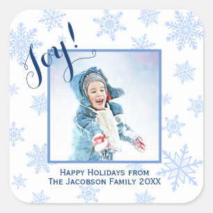 Sticker Carré Joie ! Festive Blue Snowflakes Happy Holidays Phot