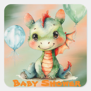 Sticker Carré Joli Baby shower Dragon Orange Vert