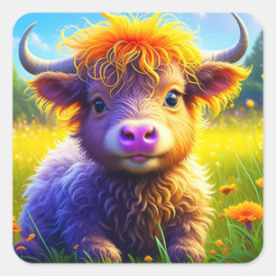 Sticker Carré Joli bébé vache des Highlands dans un champ ou des