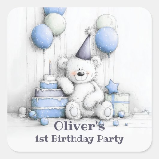 Sticker Carré Joli bleu Teddy Bear 1er Anniversaire Enveloppe Sc (Devant)