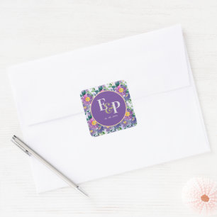 Sticker Carré Joli bleu violet Florals Mariage Monogramme