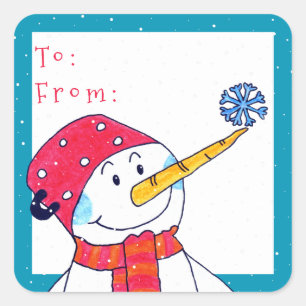 Sticker Carré Joli bonhomme de neige avec cadeau de Noël flocon