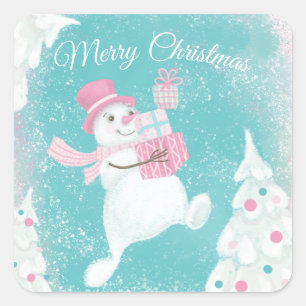 Sticker Carré Joli bonhomme de neige de Noël rose et menthe