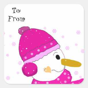 Sticker Carré Joli Bonhomme de Neige en Rose