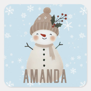 Sticker Carré Joli Bonhomme de Neige Flocons Enfants Noël