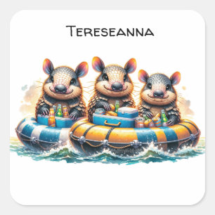 Sticker Carré Joli Cartoon Armadillos Avoir Un Tuyau Amusant Sur
