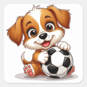 Sticker Carré Joli Cartoon Chiot tenant Ball de Football