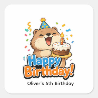 Sticker Carré Joli Castor & Gâteau Faveur de fête d'anniversaire