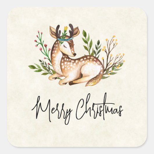 Sticker Carré Joli Cerf Aquarellé Pose En Bas Boho Noël (Devant)