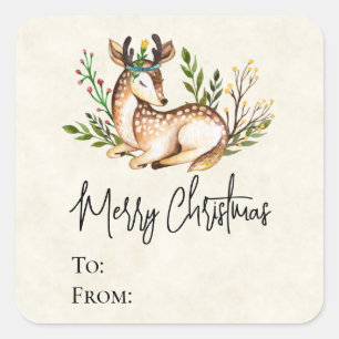Sticker Carré Joli Cerf Aquarellé Pose En Bas Boho Noël