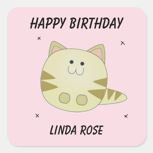 Sticker Carré Joli chat brun rose motif heureux anniversaire (Devant)