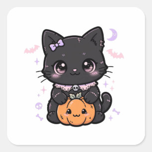 Sticker Carré Joli Chat Noir Citrouille Halloween
