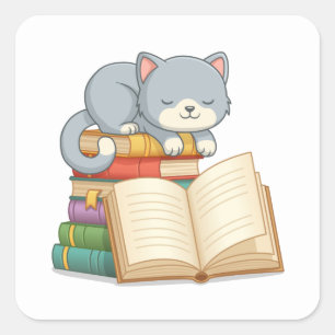 Sticker Carré Joli chat sur une pile de livres