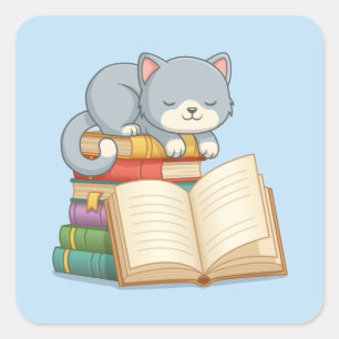 Sticker Carré Joli chat sur une pile de livres bleus