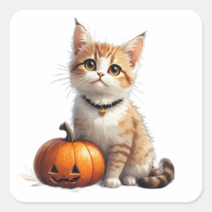 Sticker Carré Joli Chat Tabby Avec Thème de Citrouille d'Automne