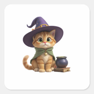 Sticker Carré Joli Chat Tigre Orange Sorcière Halloween Autocoll