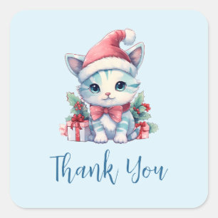 Sticker Carré Joli chaton en chapeau de Père Noël pour un Noël M