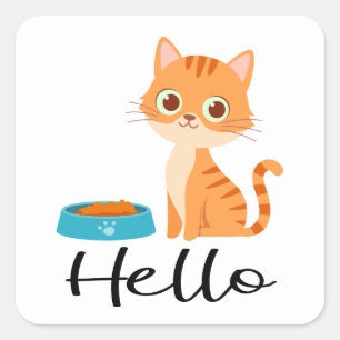 Sticker Carré Joli Chaton Orange Tigré Dessin Animé Bonjour Chat