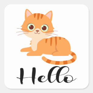 Sticker Carré Joli Chaton Orange Tigré Dessin Animé Bonjour Chat