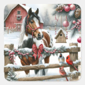 Sticker Carré Joli Cheval Brown et Blanc Ferme rustique Noël (Devant)