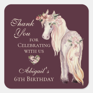 Sticker Carré Joli Cheval et Fleurs Merci de Poney Anniversaire
