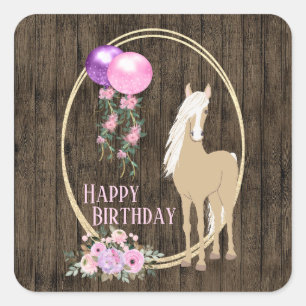 Sticker Carré Joli Cheval et Fleurs sur Barnwood Anniversaire