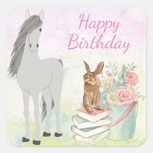 Sticker Carré Joli cheval, lapin et fleurs Joyeux anniversaire (Devant)