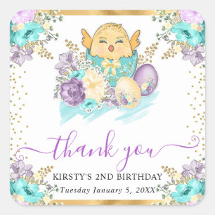 Sticker Carré Joli Chick et Œufs Floral Aquarelle Anniversaire