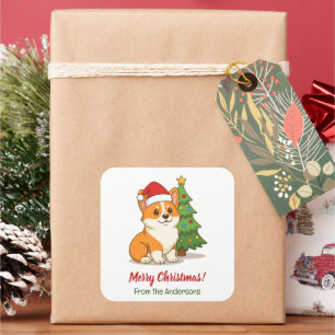 Sticker Carré Joli chien Corgi avec un chapeau rouge et un sapin