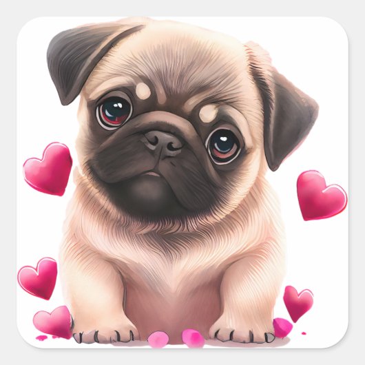 Sticker Carré Joli chien pug pour la Saint-Valentin (Devant)