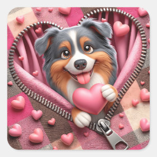 Sticker Carré Joli chiot 3D dans un Arrière - plan rose et blanc