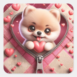 Sticker Carré Joli chiot 3D dans un Arrière - plan rose et blanc