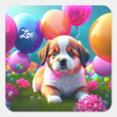 Sticker Carré Joli chiot avec ballons - doux coutume enfants (Devant)