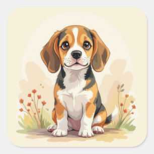 Sticker Carré Joli chiot Beagle tricolore noir, fauve et blanc