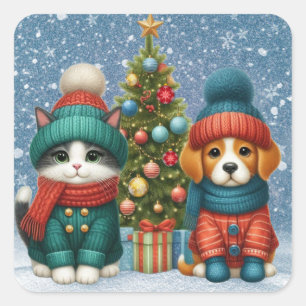 Sticker Carré Joli chiot de Noël & chaton