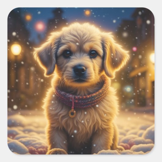 Sticker Carré Joli chiot de Noël dans une nuit de neige (Devant)