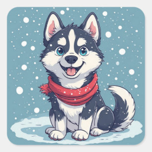 Sticker Carré Joli chiot husky portant une écharpe rouge dans la
