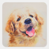 Sticker Carré Joli chiot. Son nom est "Heureux". (Devant)