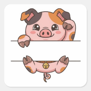 Sticker Carré Joli Cochon Calico qui Regarde - Monogramme de Coc
