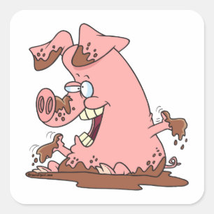 Sticker Carré joli cochon rose joyeux en caricature de boue